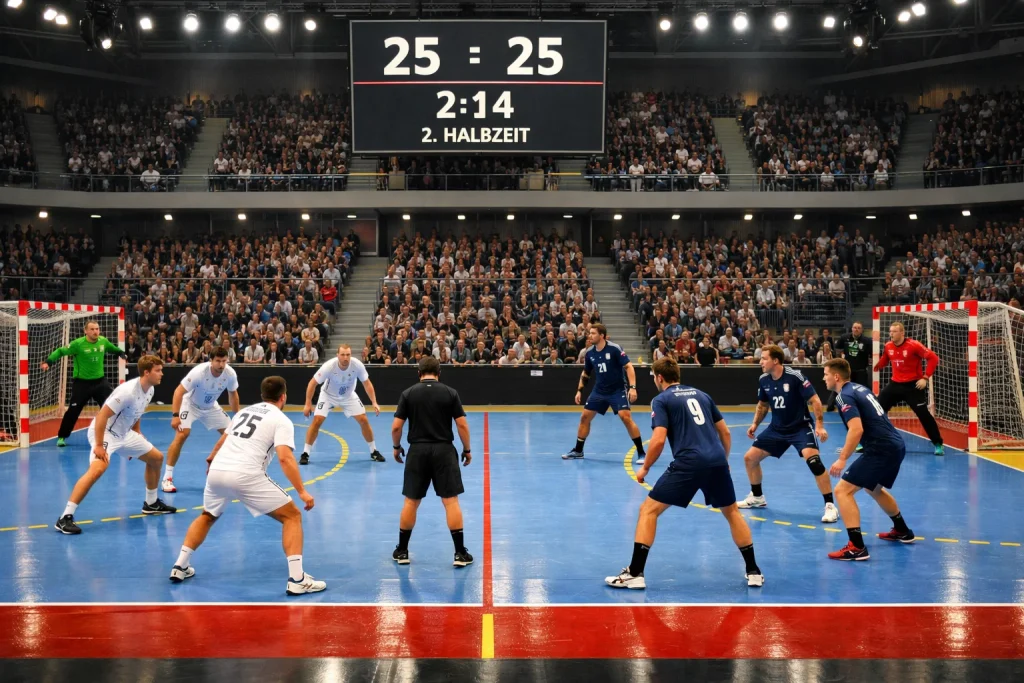 Handball-Spielszene mit Anzeigetafel und seltenem Remis-Endstand als Symbol für die 3-Weg-Wette