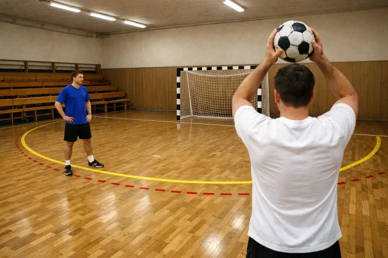 Szene aus einem Amateurhandball-Spiel in einer kleinen Halle mit Lokalstimmung