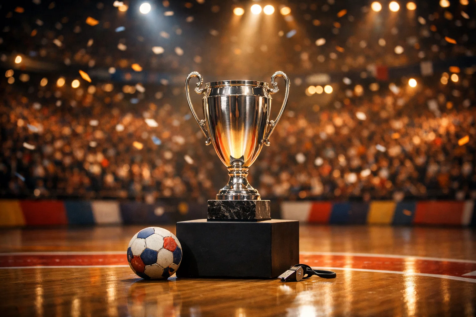 EHF Champions League Pokal auf dem Spielfeld einer ausverkauften Arena