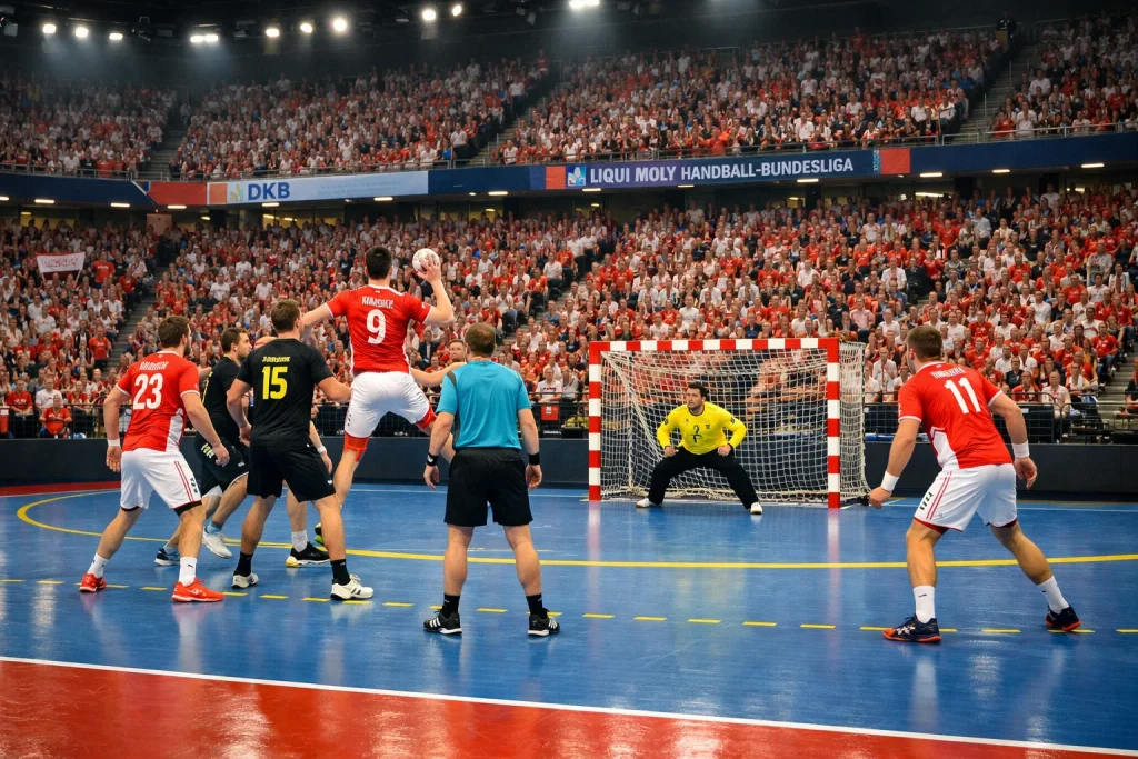 Füchse Berlin Heimspiel in der Max-Schmeling-Halle mit rot-weißer Atmosphäre