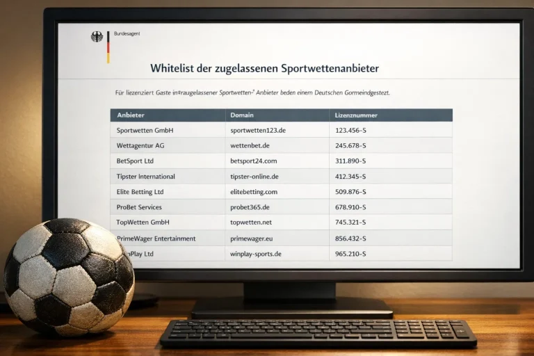 Screenshot der Whitelist der Gemeinsamen Glücksspielbehörde der Länder mit Fokus auf Sportwetten