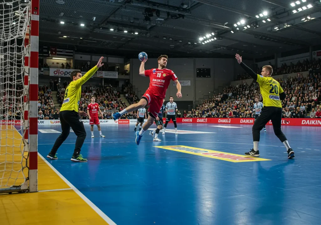 Handballspieler im Wurf vor voller DAIKIN-HBL-Tribüne bei einem Bundesliga-Spiel