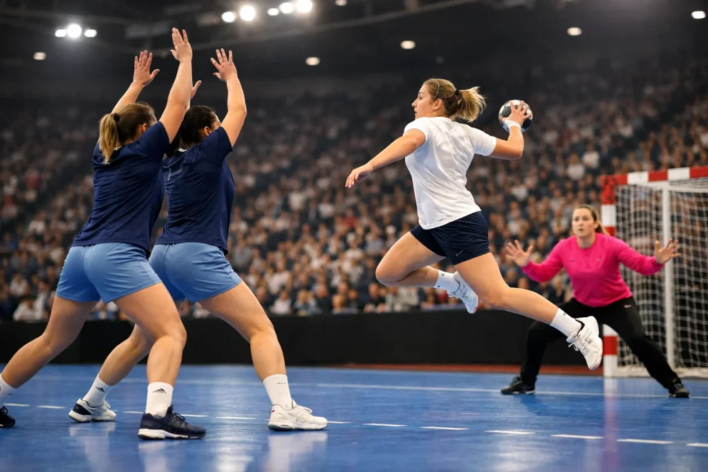 Spielszene aus einem Frauenhandball-Länderspiel mit voller Halle