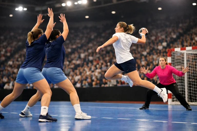 Spielszene aus einem Frauenhandball-Länderspiel mit voller Halle