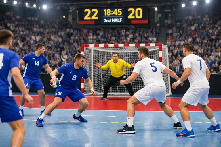Handball-Spielszene mit Anzeigetafel und Hinweis auf Handicap-Linien
