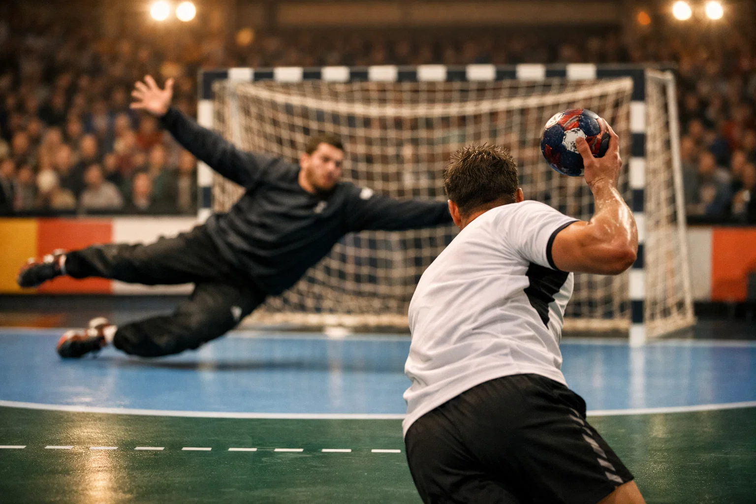 Handballspieler vor dem Siebenmeter-Wurf im Bundesliga-Spiel