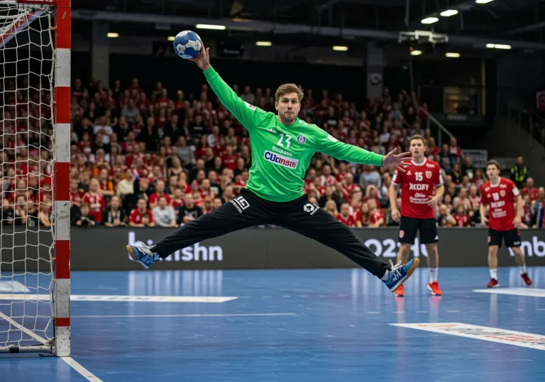 Handballtorwart pariert Siebenmeter im Tornetz einer deutschen Bundesliga-Halle