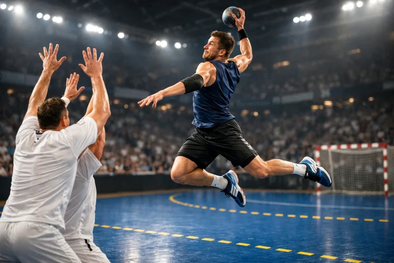 Handball-Rückraumspieler im Sprungwurf über gegnerische Abwehr in einer HBL-Halle