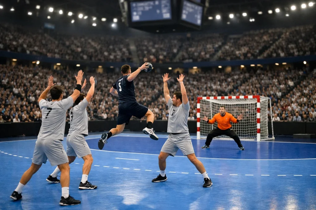 Spielszene aus einem Handball-WM-Finale mit internationaler Halle