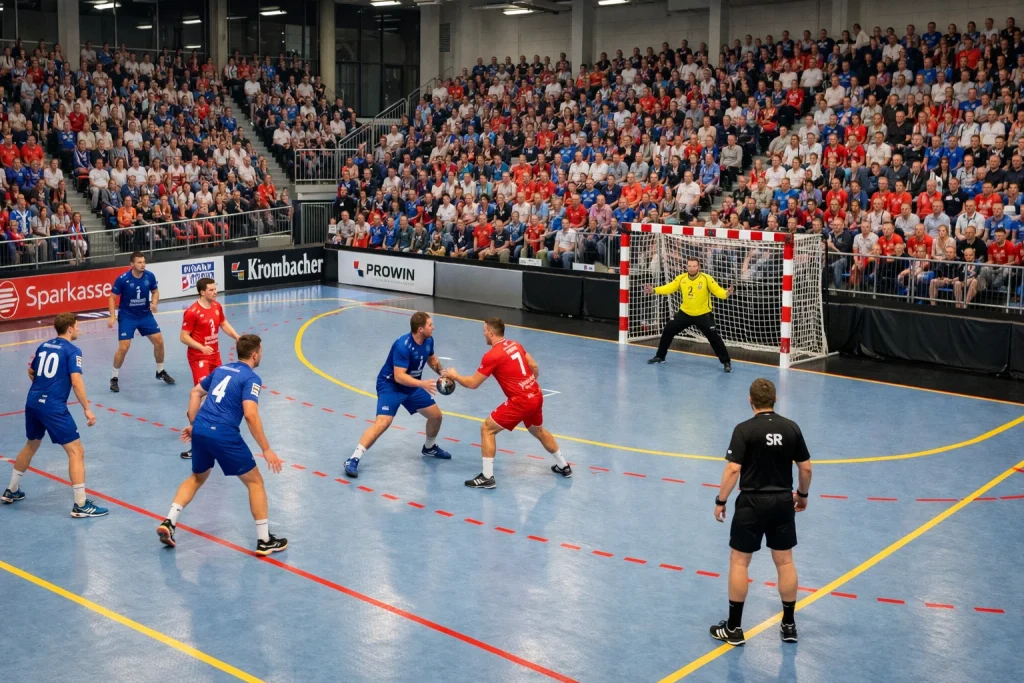 Heimspiel in der 2. Handball-Bundesliga mit voller Heimhalle und klassischer Derby-Atmosphäre
