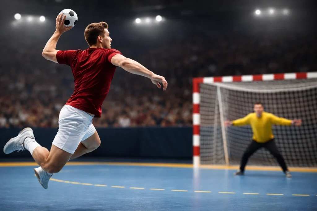 Handball-Torschütze beim erfolgreichen Wurf mit Blick auf Torstatistik