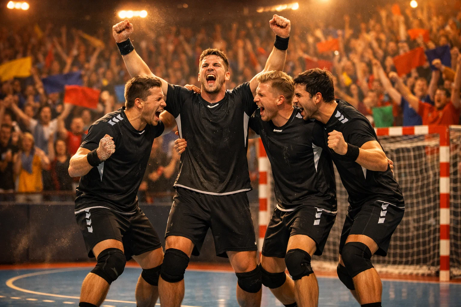 Heimmannschaft jubelt vor eigenem Fanblock nach einem Bundesliga-Handballtor