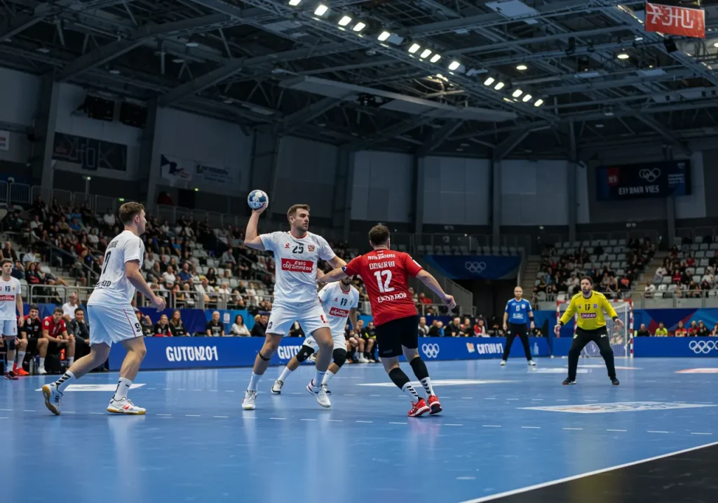 Olympisches Handball-Turnier in moderner Halle mit Olympia-Beschilderung