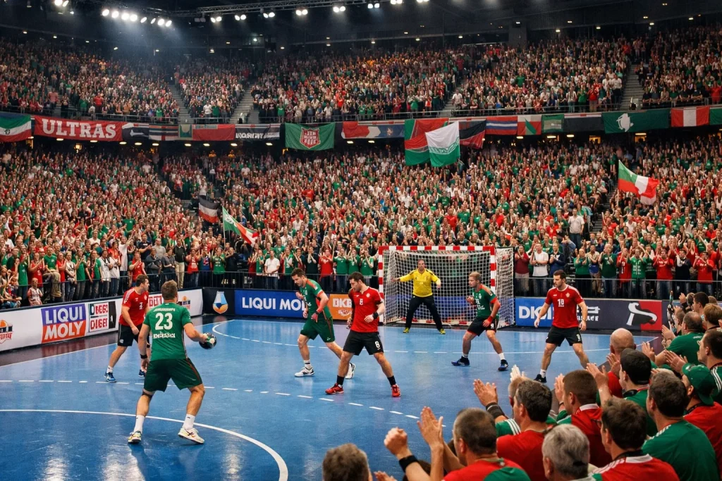 GETEC Arena Magdeburg ausverkauft mit grün-rot jubelnden SCM-Fans