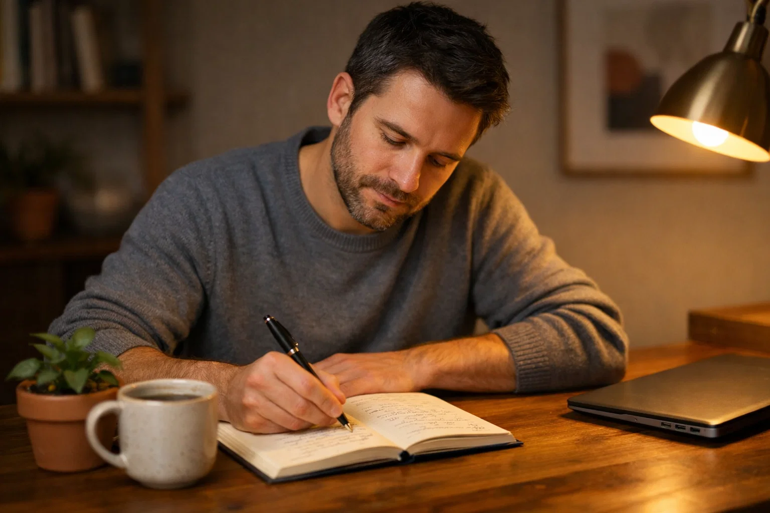 Person notiert sich Einsatz-Limits in einem Notizbuch am Schreibtisch