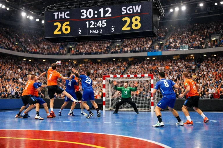 Anzeigetafel eines Handballspiels mit hohem Zwischenstand als Symbol für Totals-Wetten